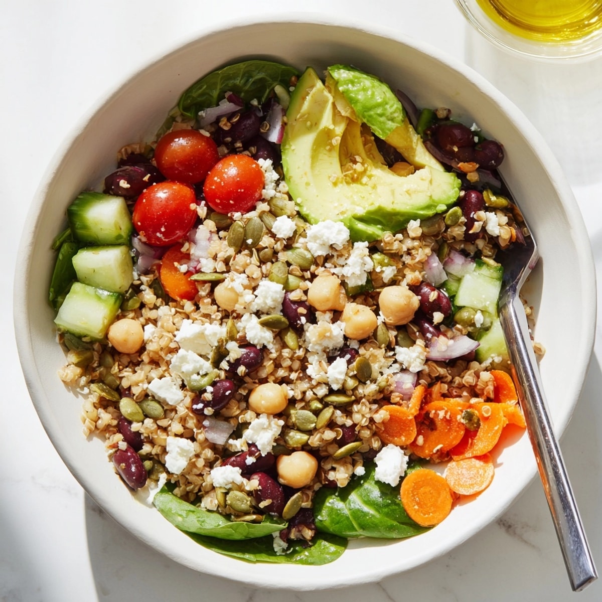 Vibrant Fiber-Packed Grain Bowl, bursting with colors and textures, ready for a healthy lunch.