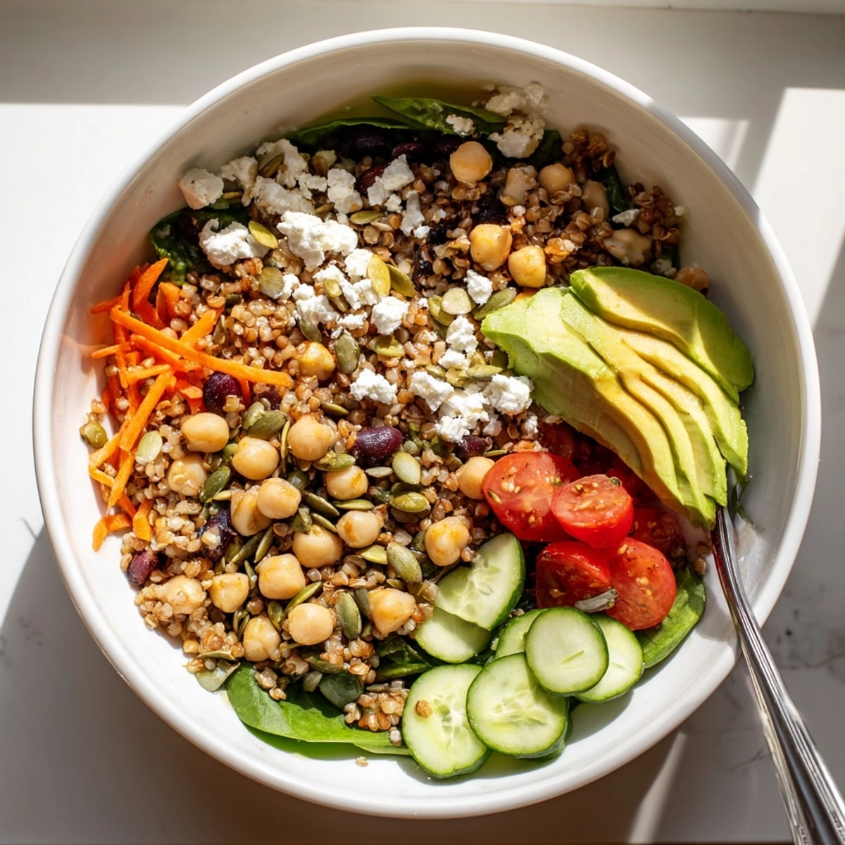 Close-up of a vibrant Fiber-Packed Grain Bowl showcasing quinoa, vegetables, and creamy avocado slices.