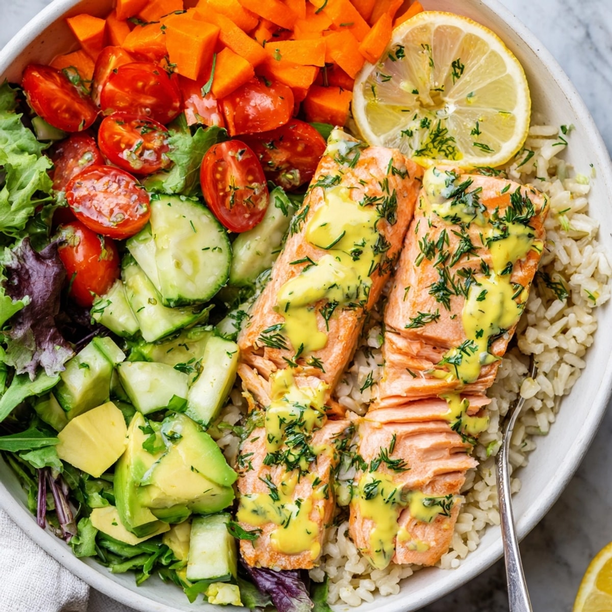 Golden flaky Lemon Herb Salmon Bowl, glistening with yogurt drizzle, ready to enjoy.