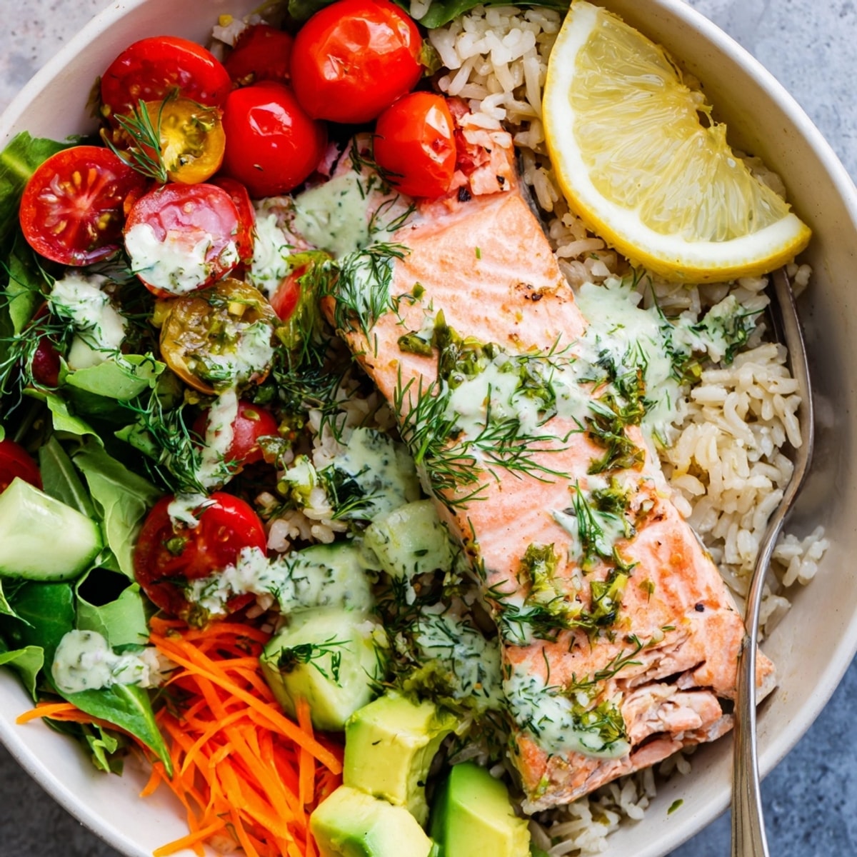 Close-up of a colorful Lemon Herb Salmon Bowl with avocado and fresh greens.