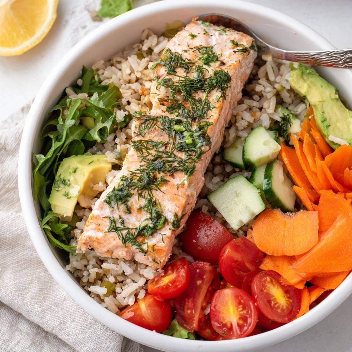 Savory Lemon Herb Salmon Bowl over fluffy rice, a simple, healthy, delicious weeknight meal.
