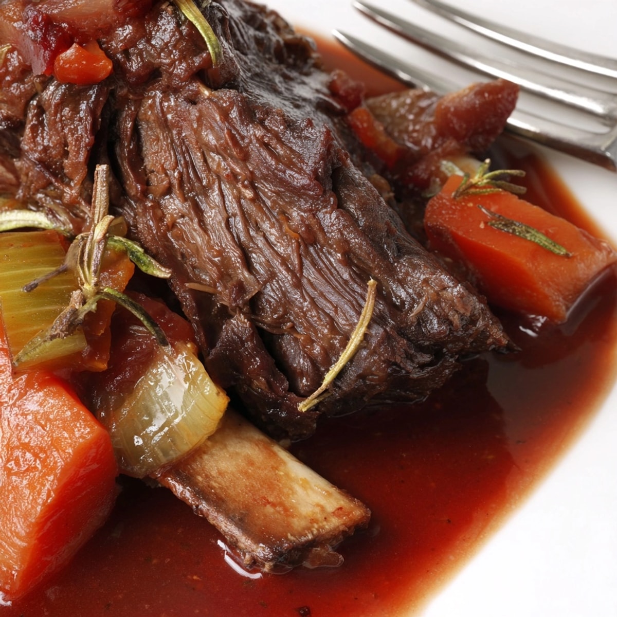 Close-up of gleaming, tender Braised Beef Short Ribs, red wine sauce glistening.