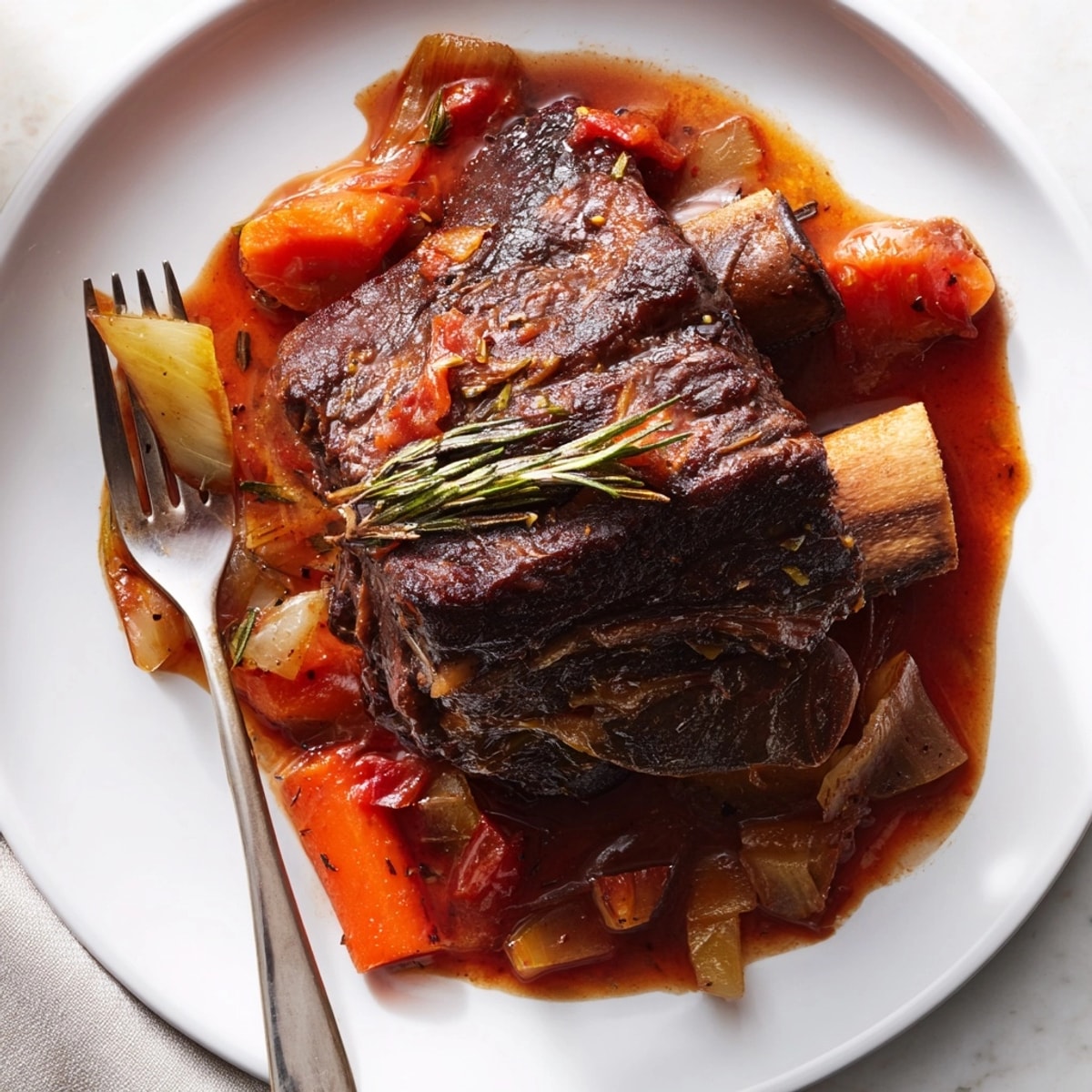 Comforting Braised Beef Short Ribs recipe: fall-apart beef served atop creamy mashed potatoes.