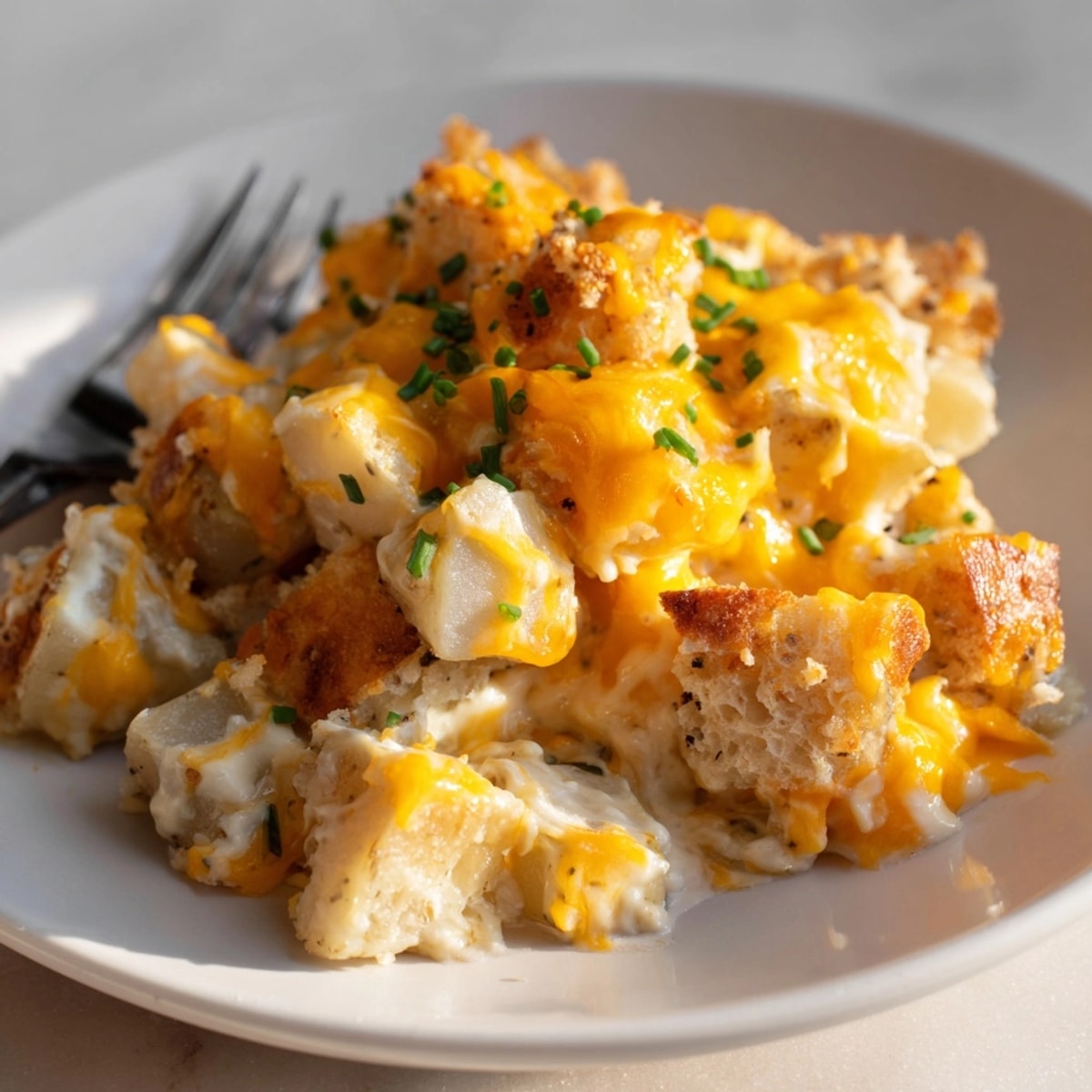 Golden, bubbling Cheesy Potato Casserole, topped with crispy panko, ready to serve.