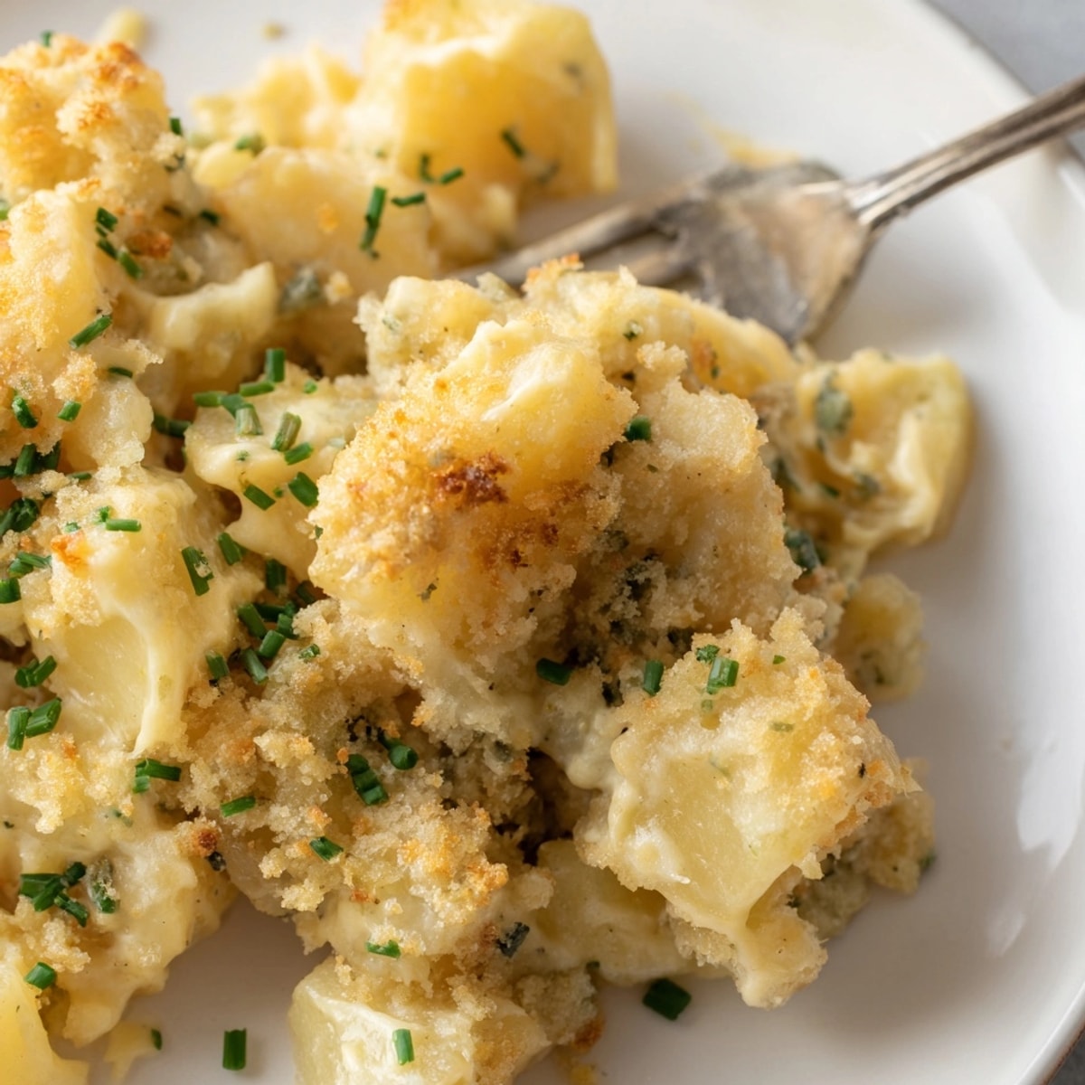 Creamy, cheesy Cheesy Potato Casserole baking in a glass dish, potatoes peeking through.