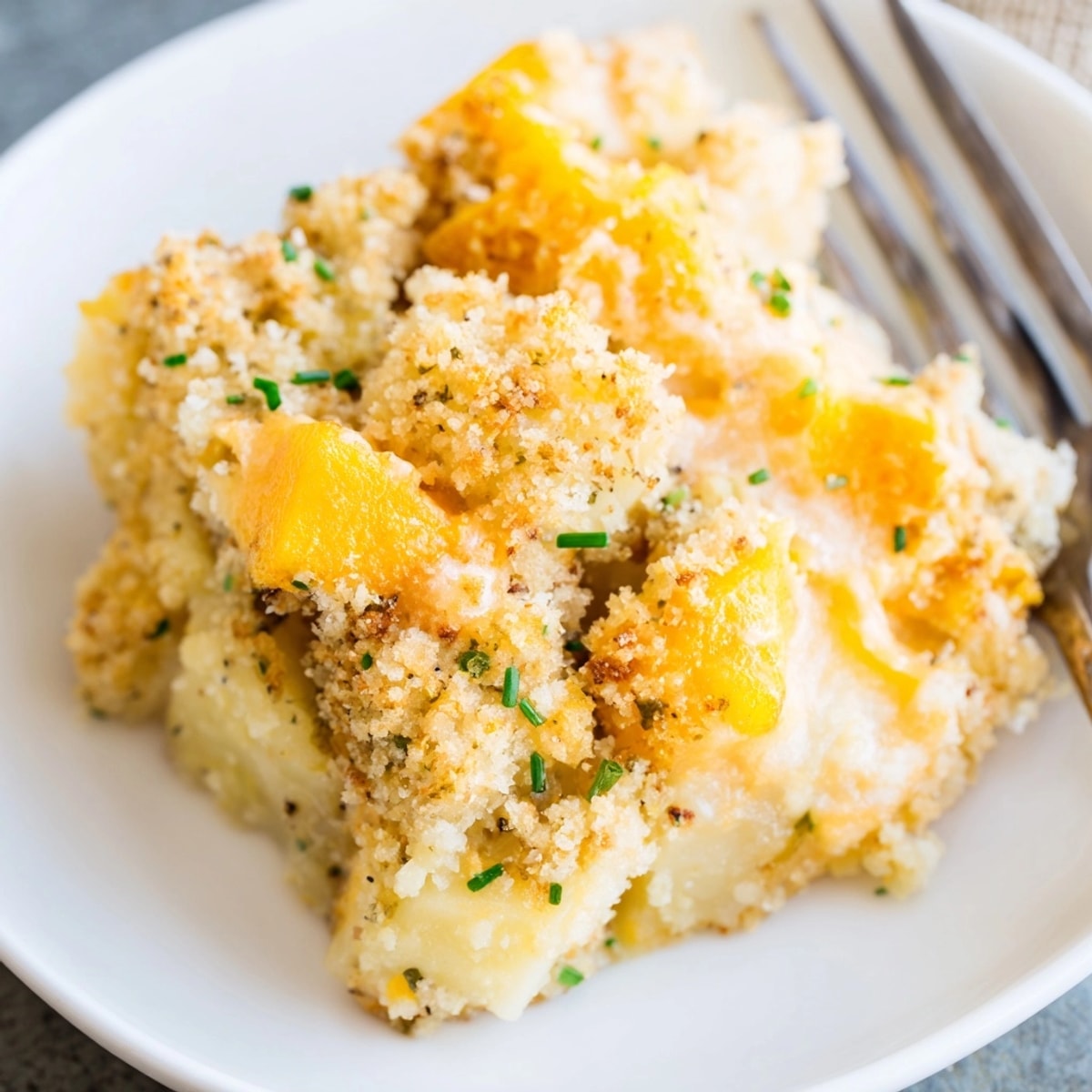 Close-up of a spoon scooping a warm serving of Cheesy Potato Casserole.