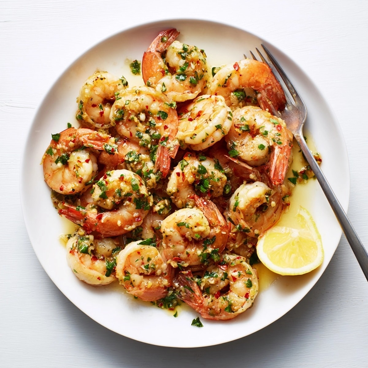 Close-up of glistening 20-Minute Garlic Shrimp in a skillet, ready to serve.