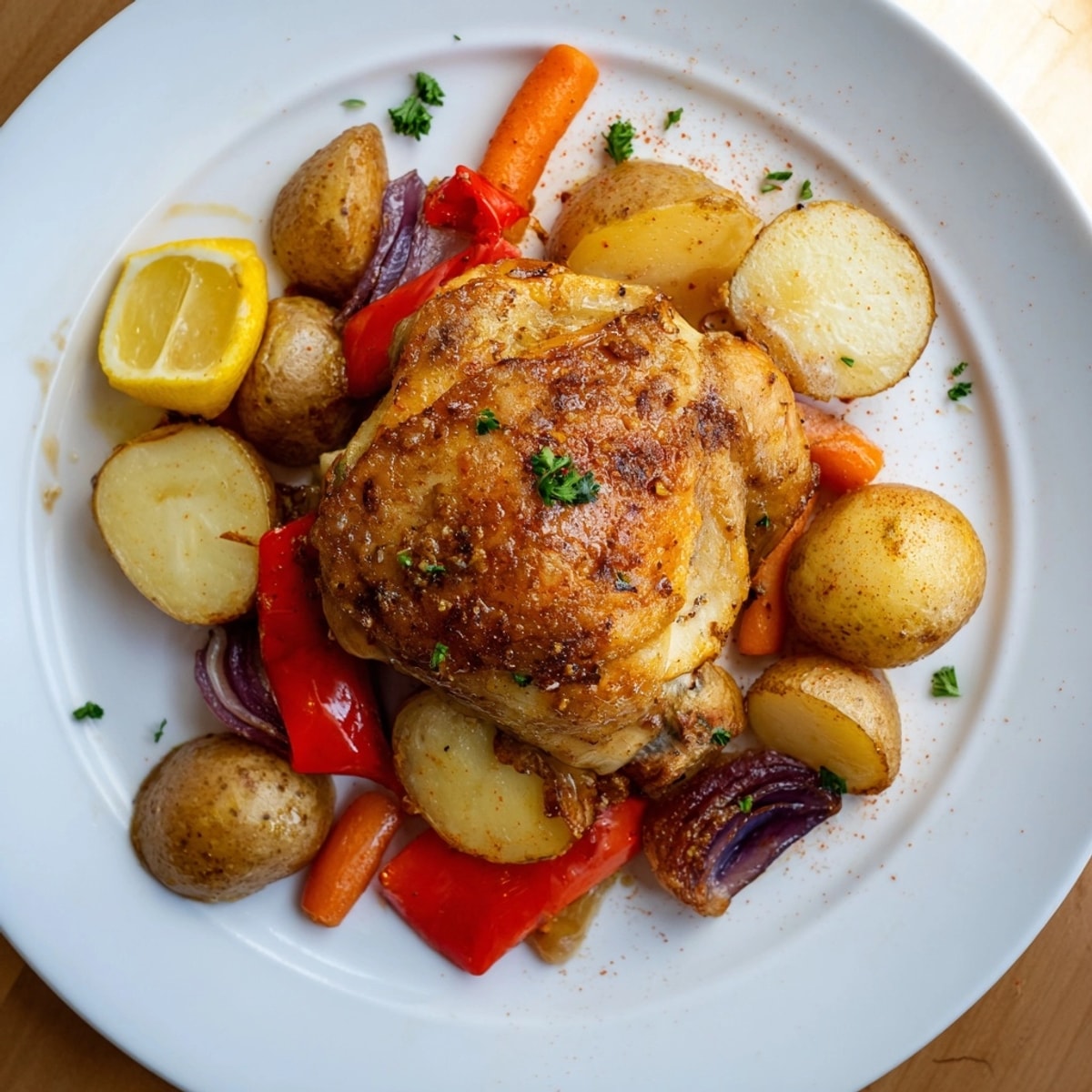 Golden Sheet-Pan Chicken Dinner sizzling with roasted vegetables and fragrant herbs on parchment.
