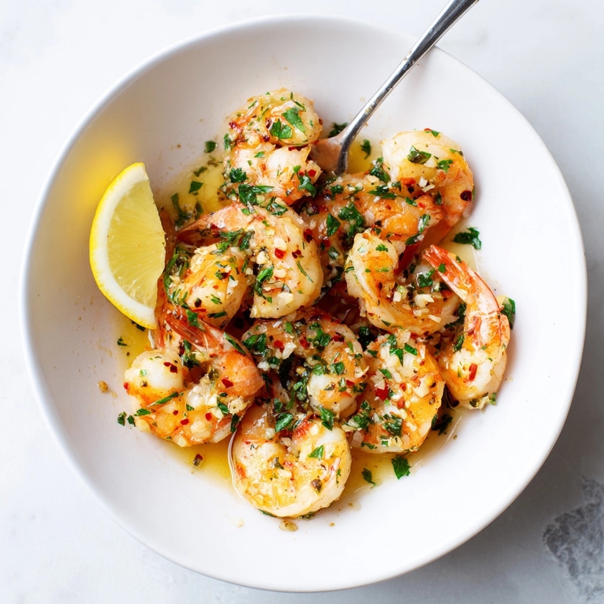 A pan of sizzling 20-Minute Garlic Shrimp, inviting aroma of garlic and lemon.