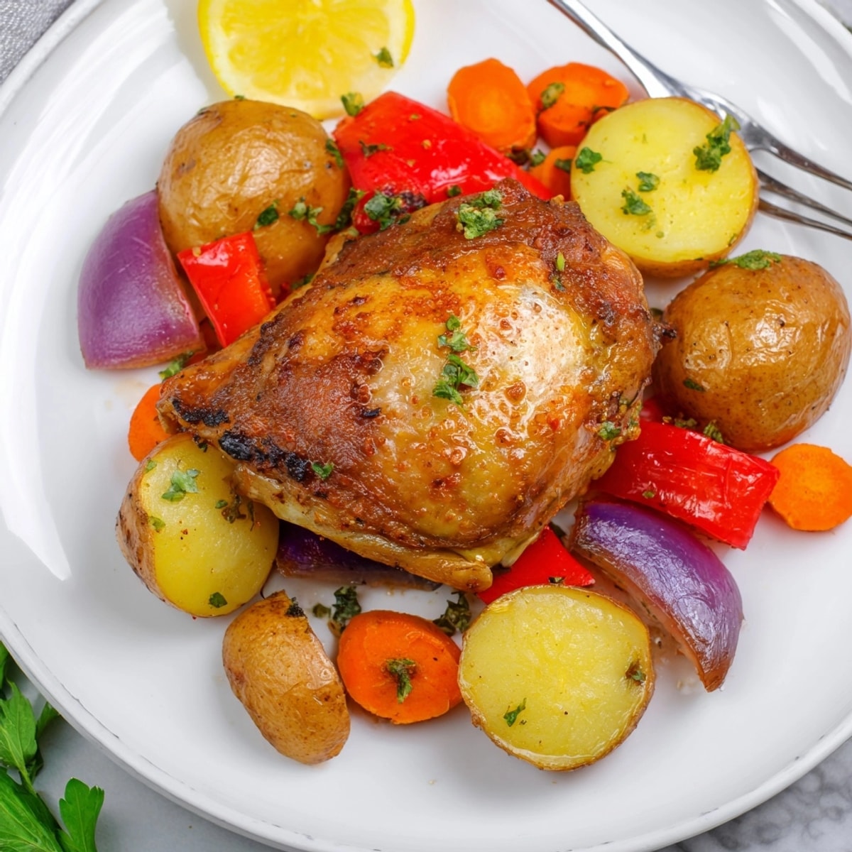 Juicy Sheet-Pan Chicken Dinner: aromatic paprika-rubbed chicken and tender, colorful veggies, ready to serve.