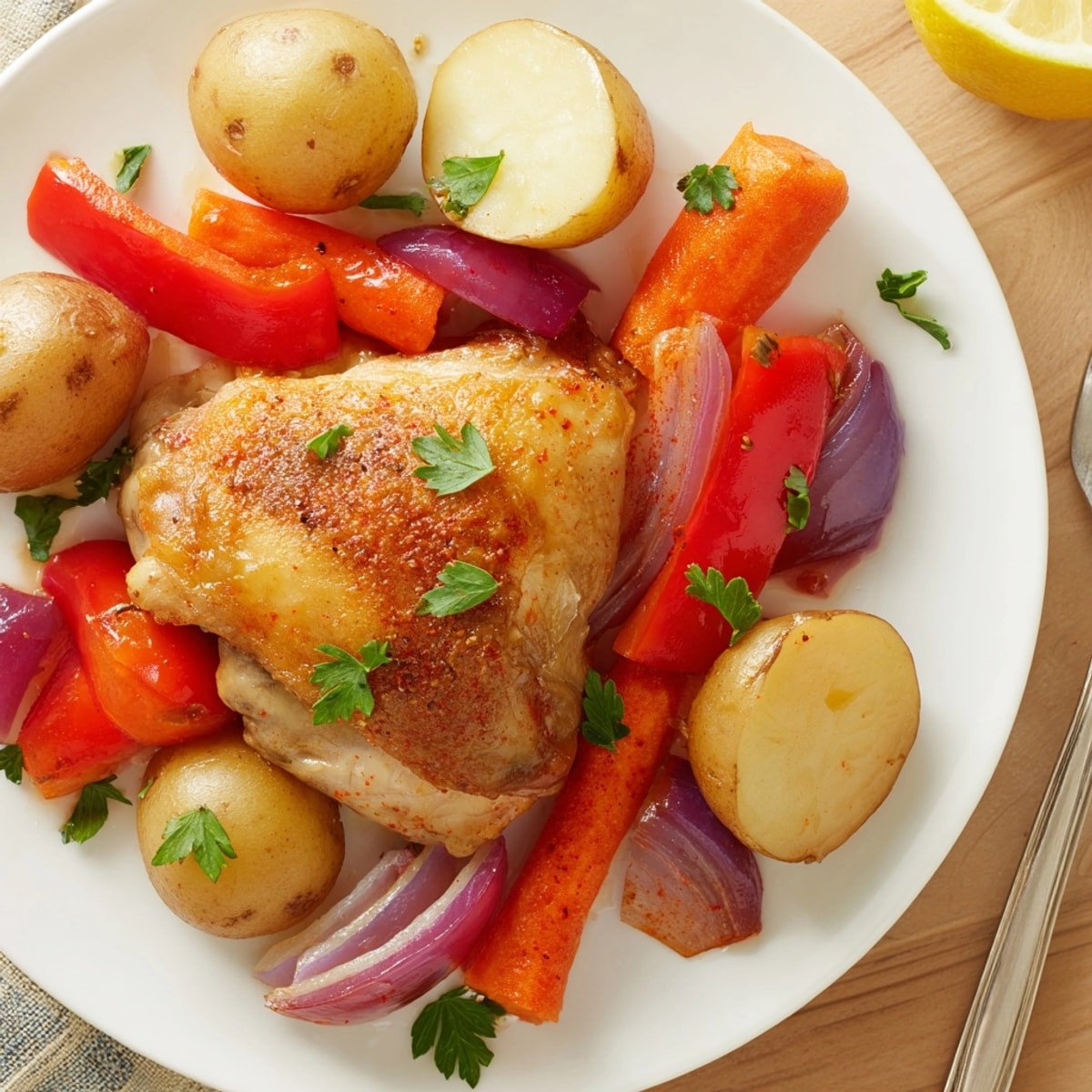 Easy weeknight Sheet-Pan Chicken Dinner recipe, featuring crispy chicken thighs with lemon and fresh parsley.