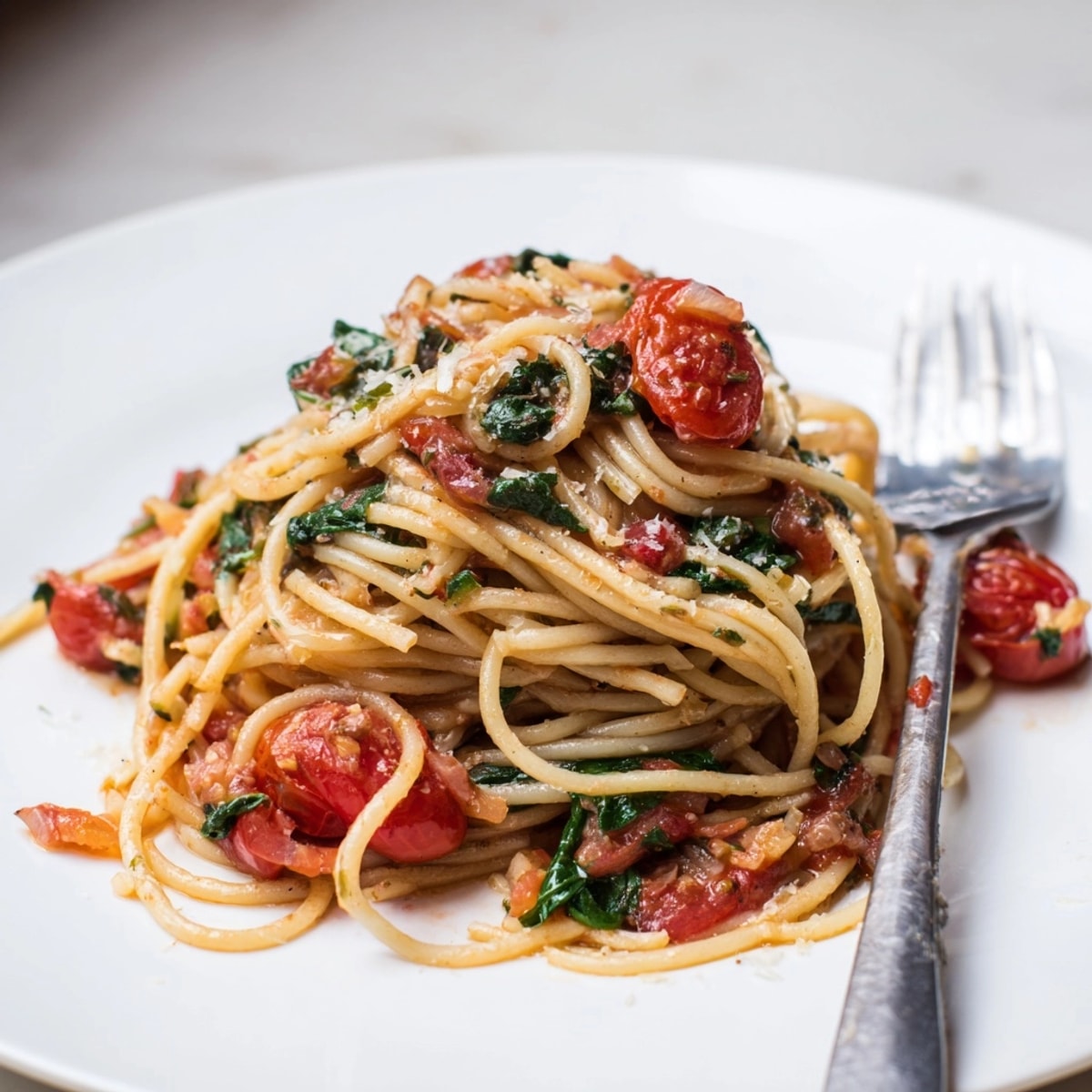 Close-up of comforting One-Pot Tomato Pasta, steamy and garnished with fresh basil.