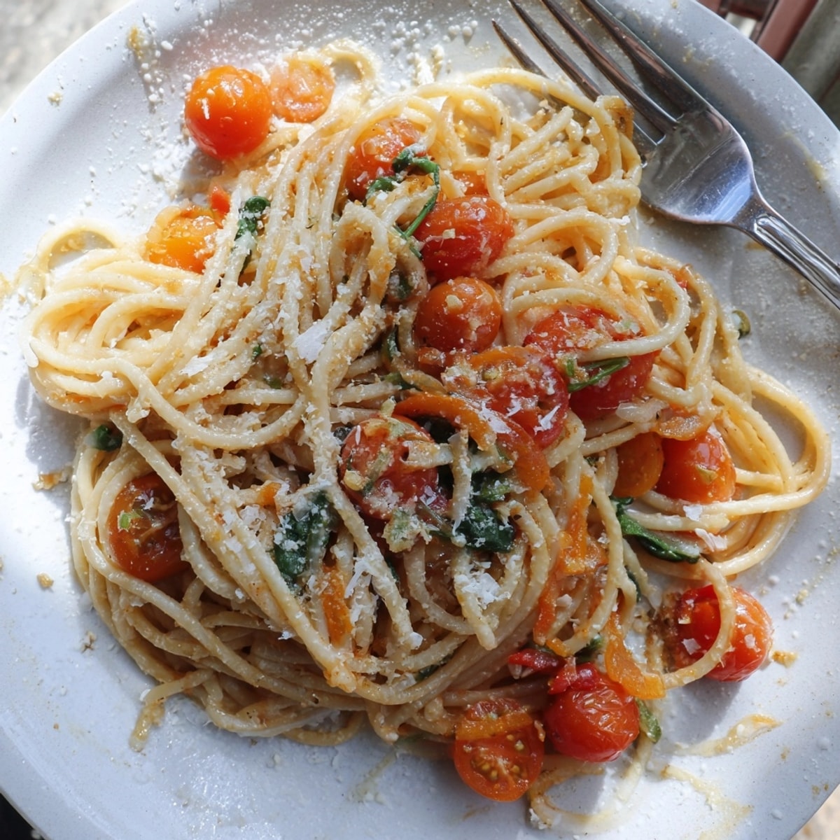 A swirl of cheesy One-Pot Tomato Pasta, ready to serve in a rustic bowl.