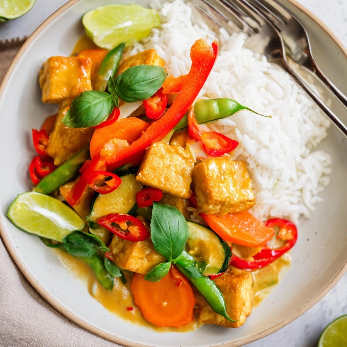Creamy Green Curry Tofu dish, vividly colored with fresh vegetables and fragrant herbs.