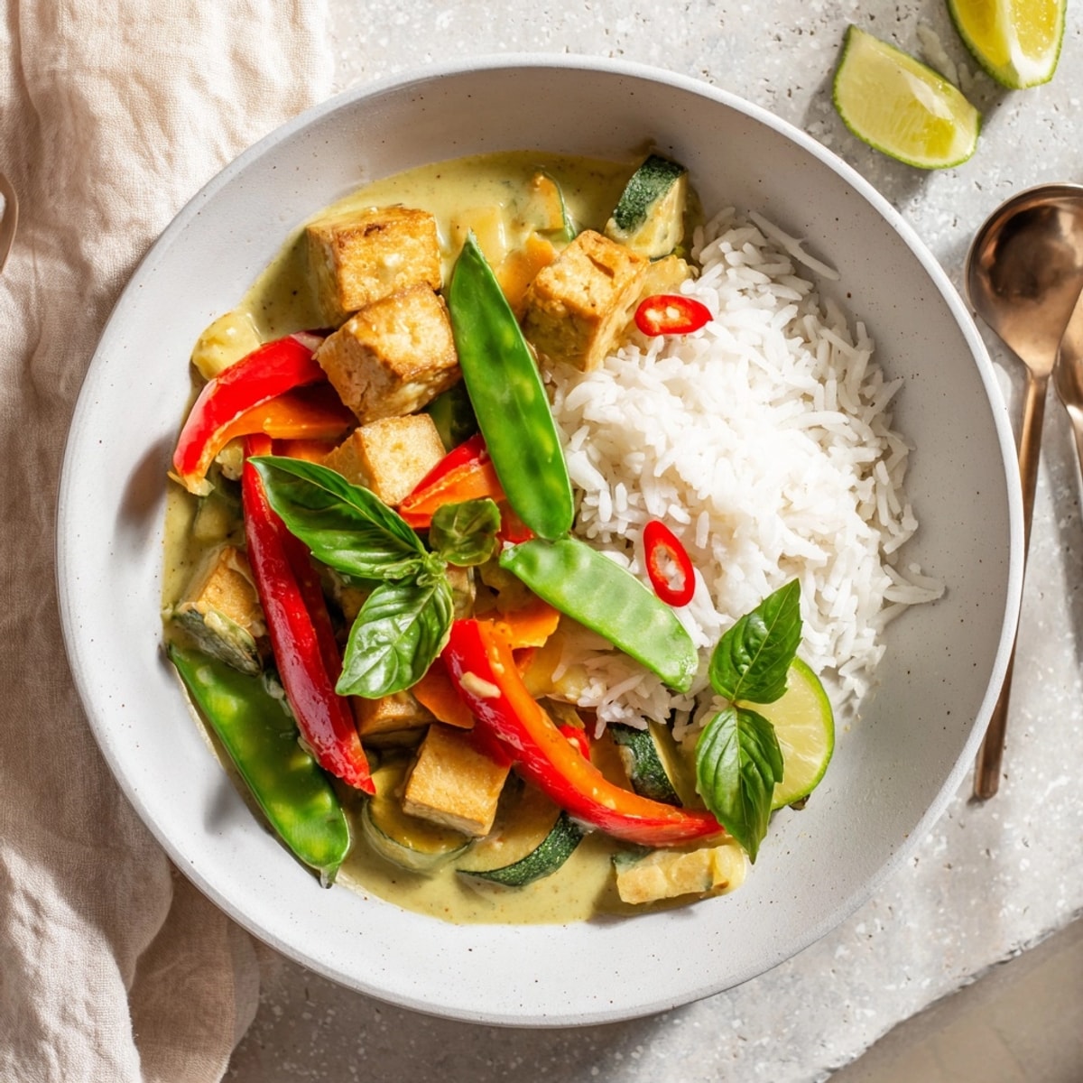 Hot, vegan Green Curry Tofu simmers, ready to be served over fluffy jasmine rice.