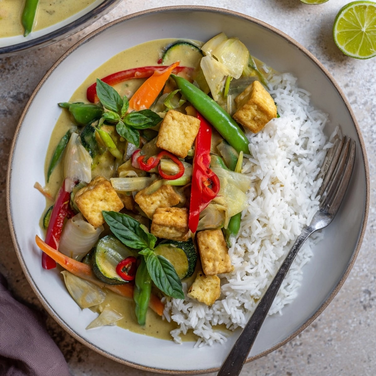 Aromatic Green Curry Tofu recipe showcasing golden-brown tofu and colorful vegetables in rich sauce.