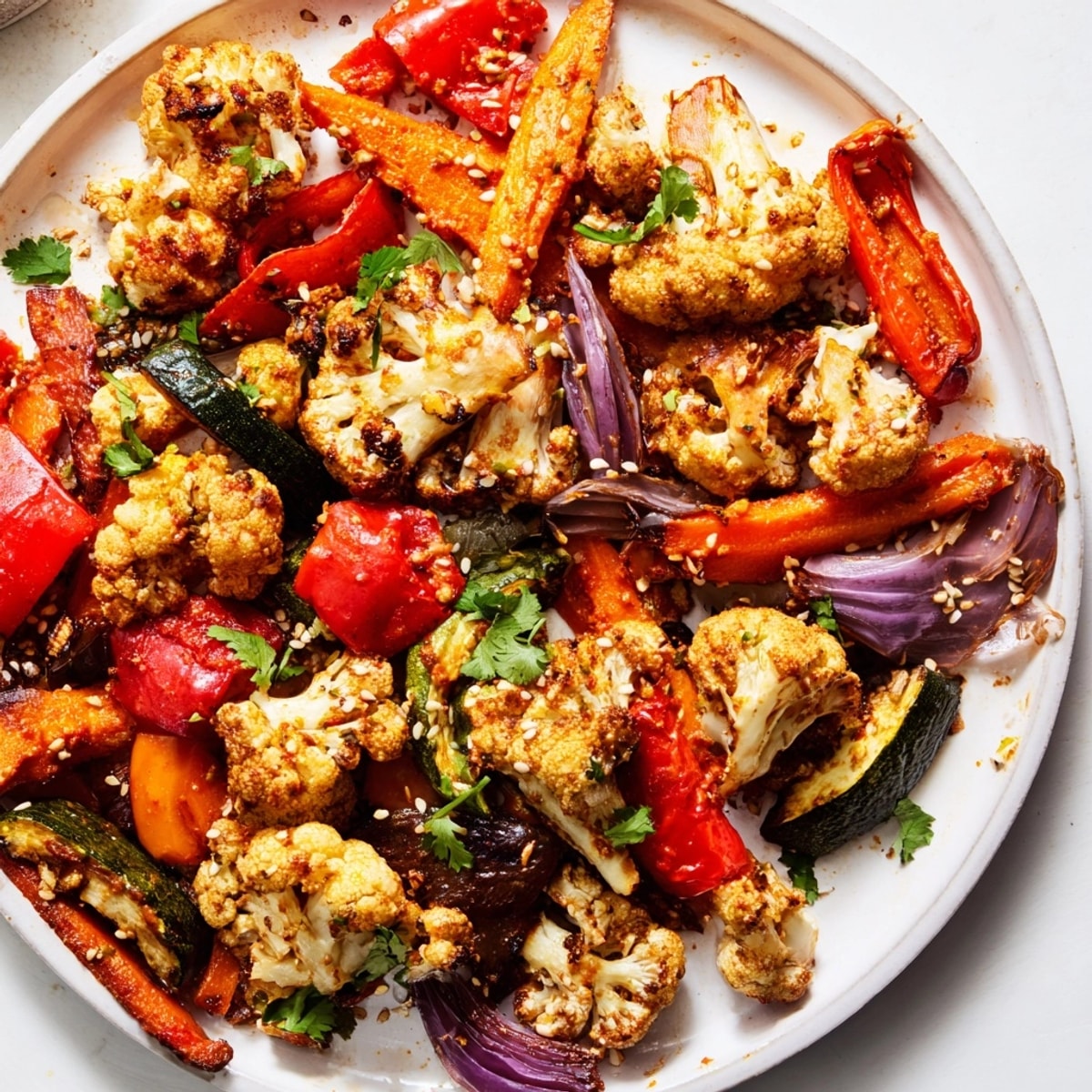Vibrant Harissa Roasted Vegetables recipe: Colorful, charred veggies tossed in spicy marinade ready for serving.