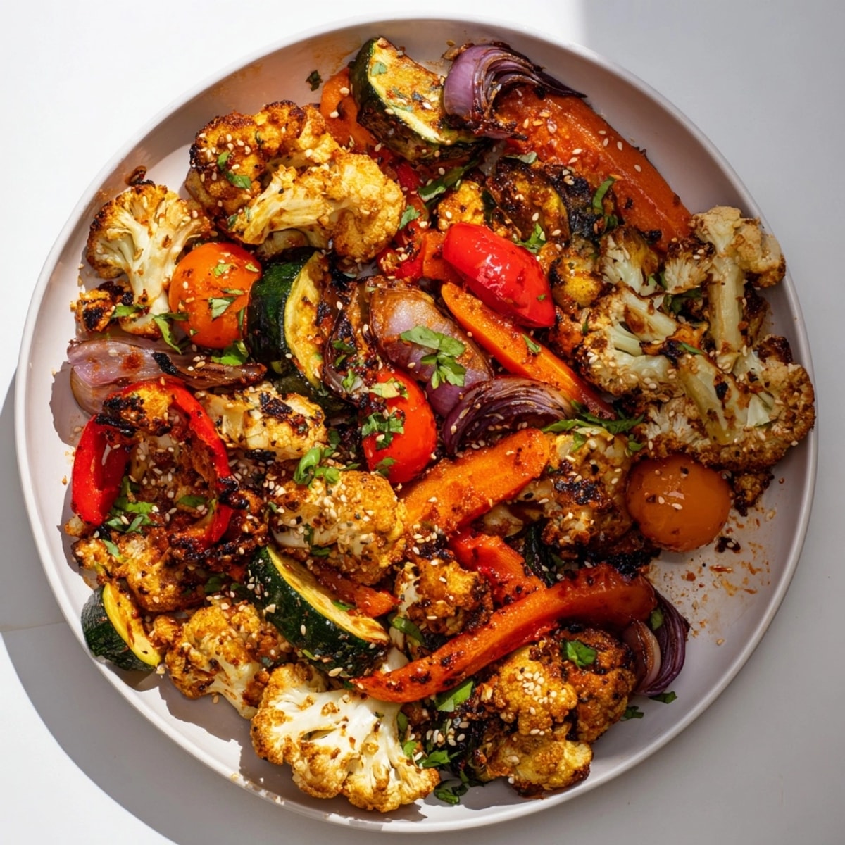 Close-up of Harissa Roasted Vegetables, golden brown and glistening with aromatic harissa oil.