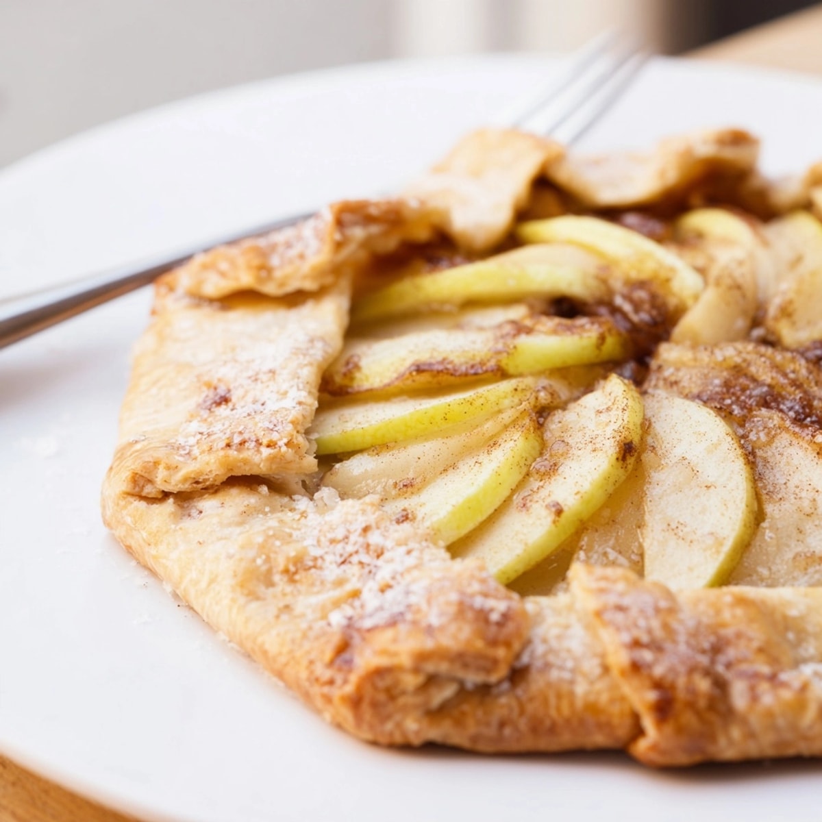 Golden Apple Cinnamon Galette, warm from the oven, with sugared crust and spiced filling.
