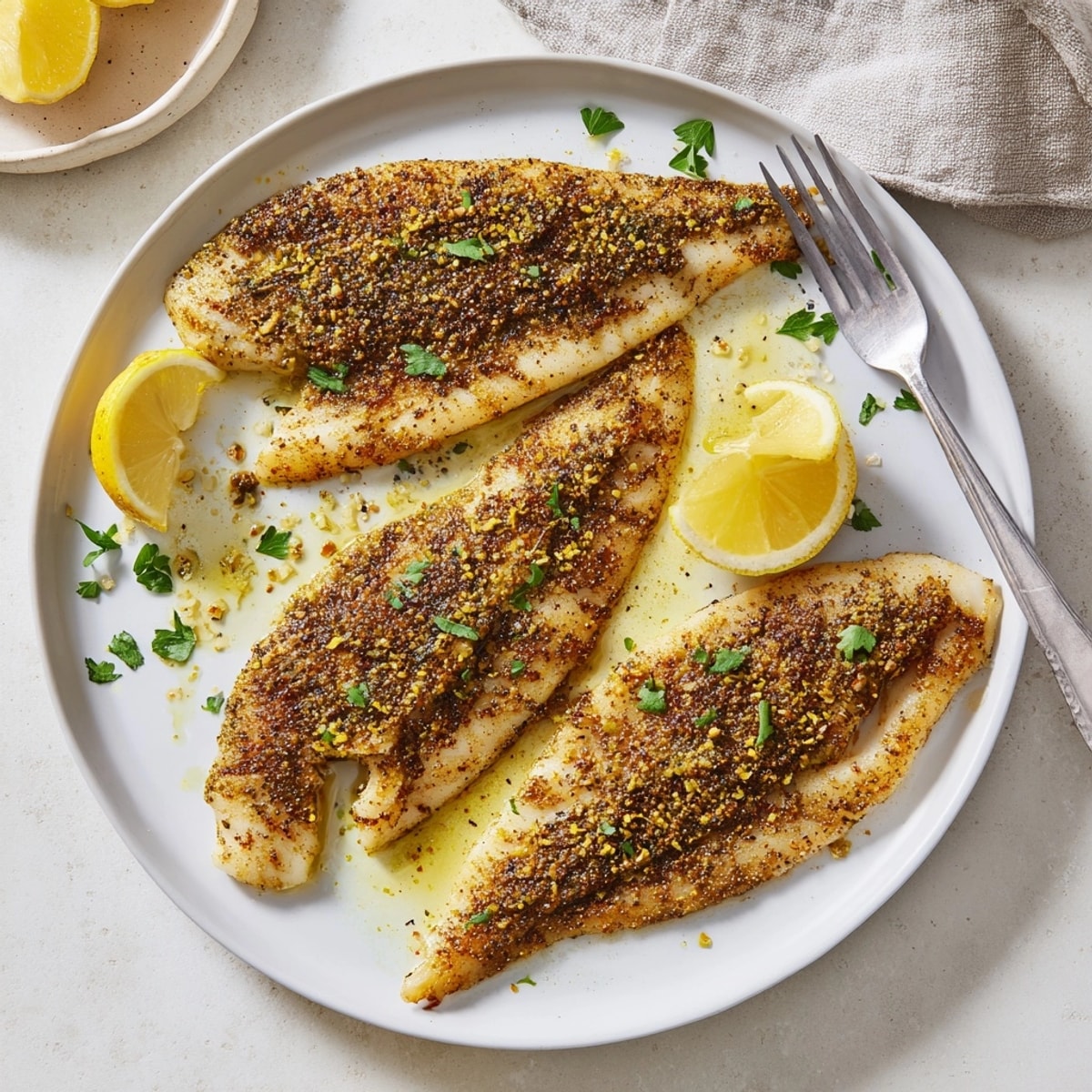Fragrant Zaatar Roasted Cod, fresh from the oven, glistening with lemon-infused olive oil.
