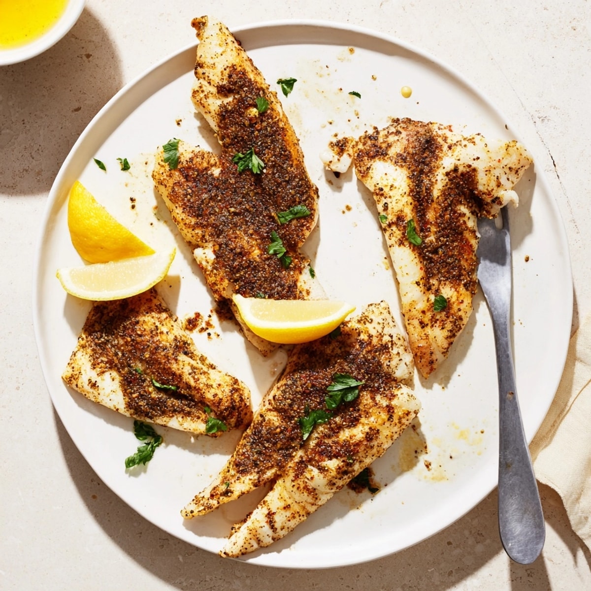 Healthy Zaatar Roasted Cod baking, ready to plate with a sprig of parsley and lemon.