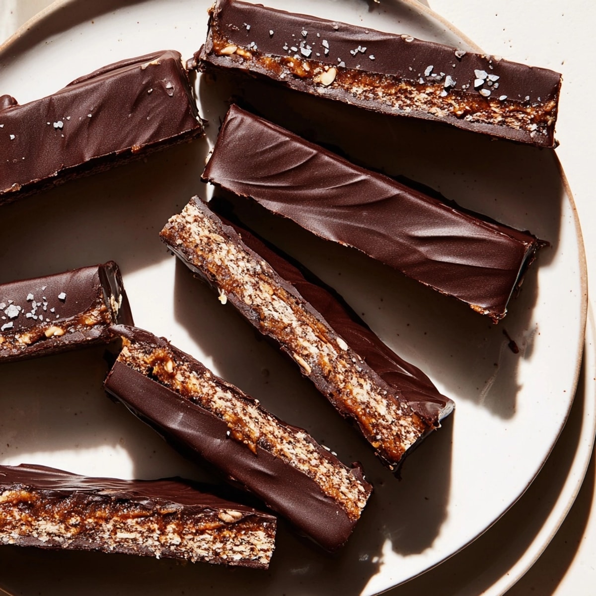 No-bake Tahini Chocolate Bars: A close-up shot revealing the fudgy oat and chocolate layers.