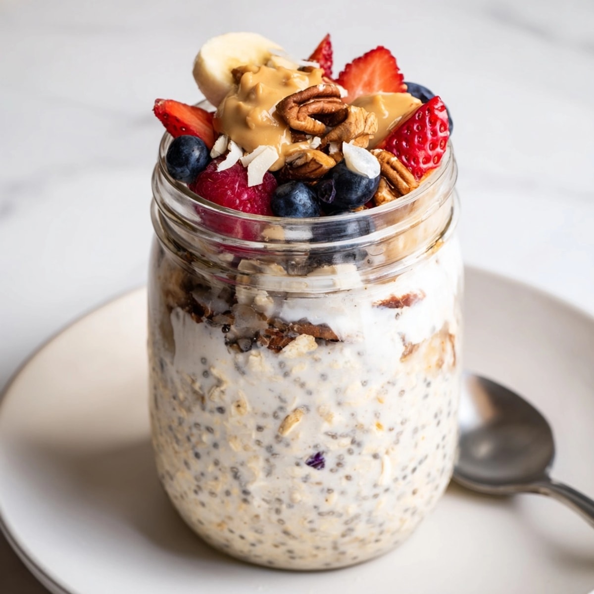 Healthy Mason Jar Overnight Oats with fresh fruit: A chilled, layered breakfast parfait.