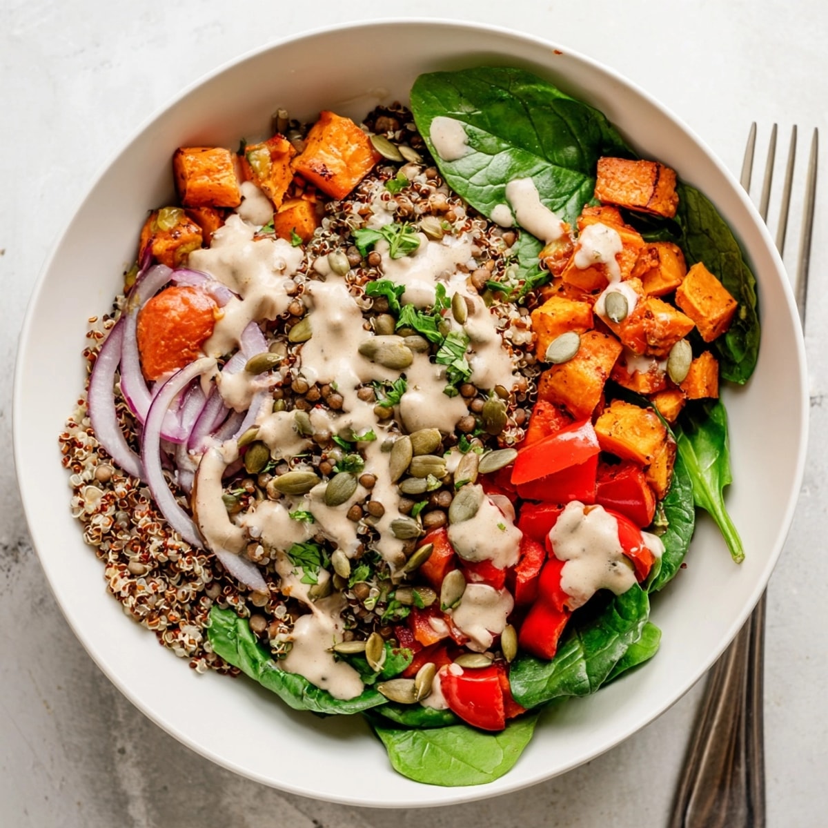 Wholesome Lentil Quinoa Meal Bowls: A colorful vegetarian dish with cooked lentils and grains.