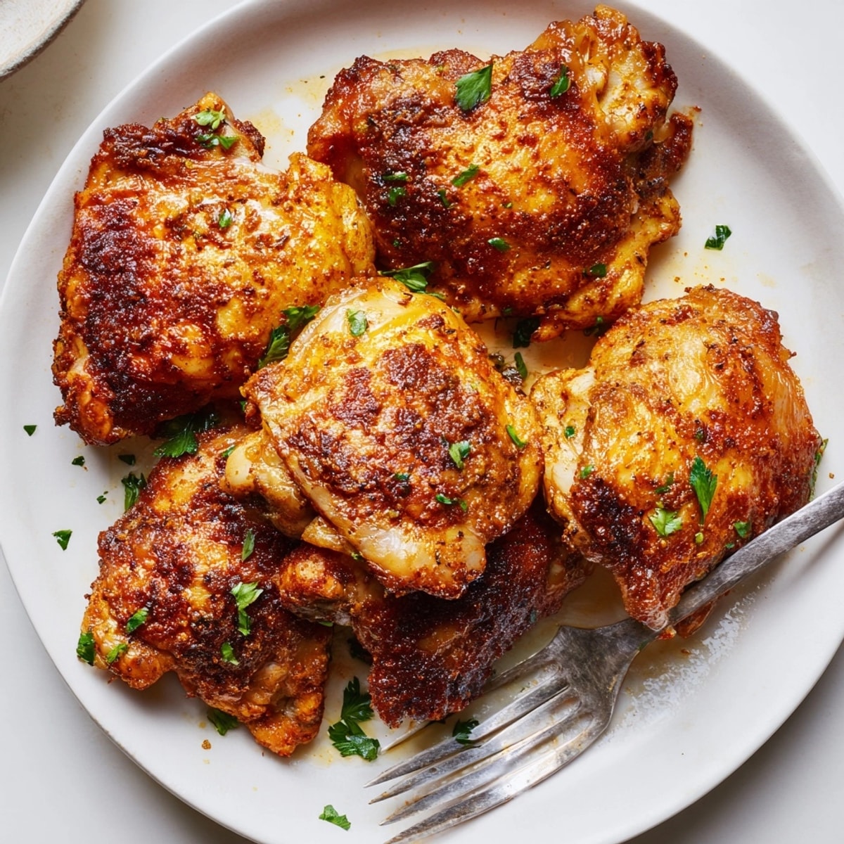 Golden-brown Batch-Cooked Chicken Thighs glistening fresh from the oven, ready for meal prep.