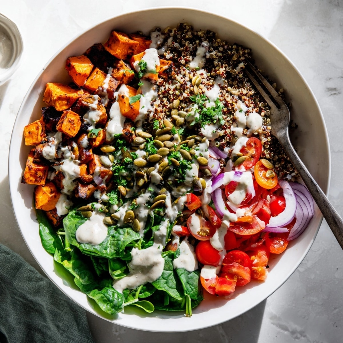 Close-up of delicious Lentil Quinoa Meal Bowls, showcasing textures of healthy vegan ingredients.