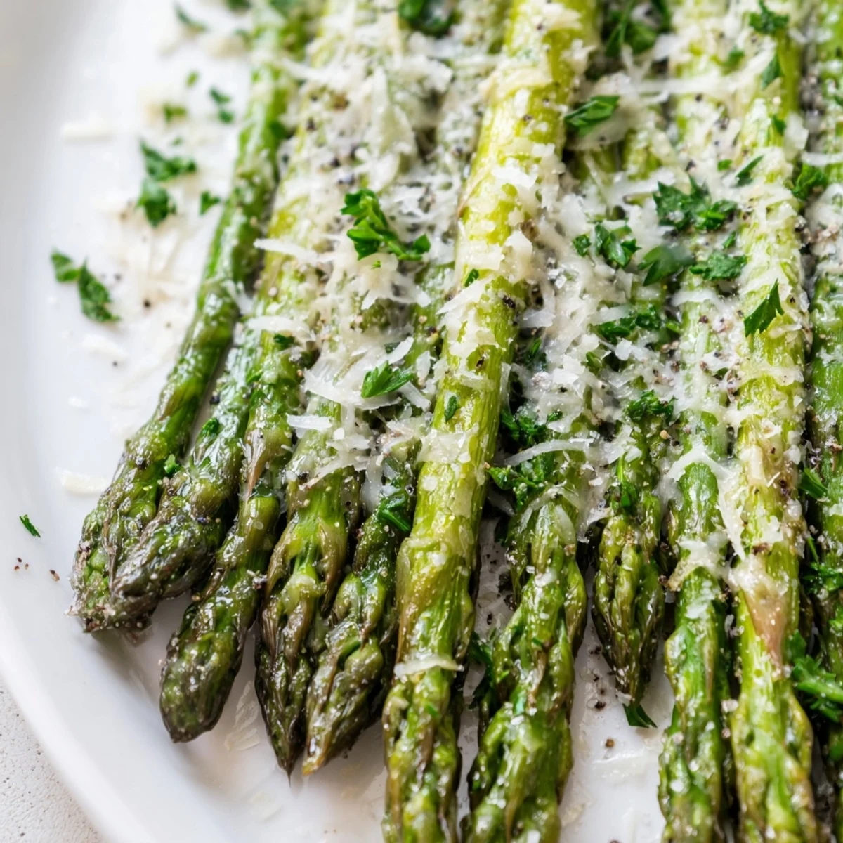 Golden Parmesan melted over tender roasted asparagus with Parmesan cheese, served as a warm Italian side dish for dinner.