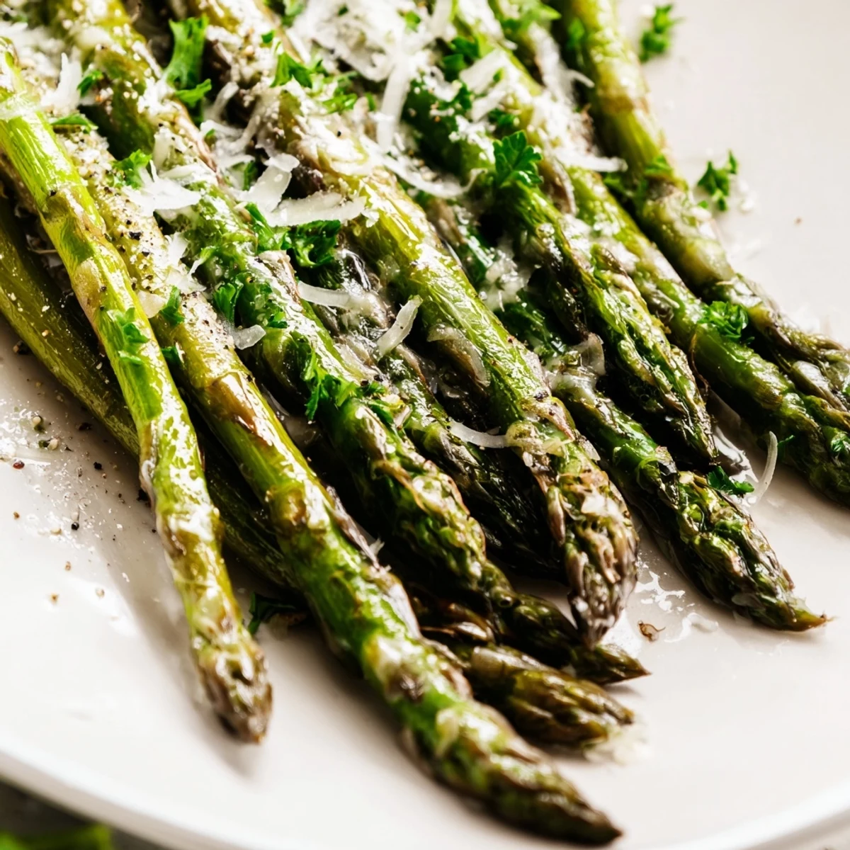 Bright green roasted asparagus with Parmesan cheese, seasoned with sea salt and pepper, plated with fresh parsley and lemon wedges.