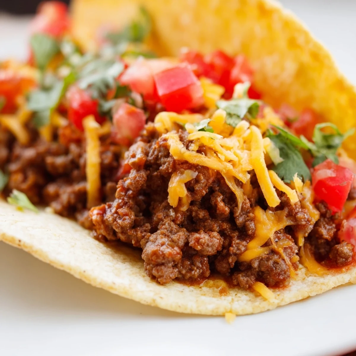 Golden soft tortillas cradle juicy ground beef, garnished with crisp lettuce, tomatoes, and dollops of sour cream.