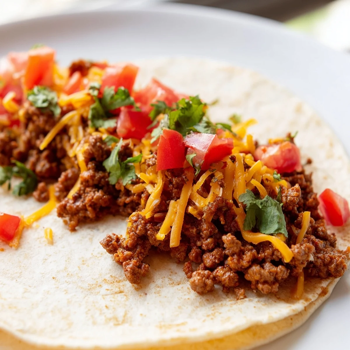 Freshly prepared Beef Tacos with Homemade Taco Seasoning, brimming with seasoned beef and topped with cheese and cilantro.