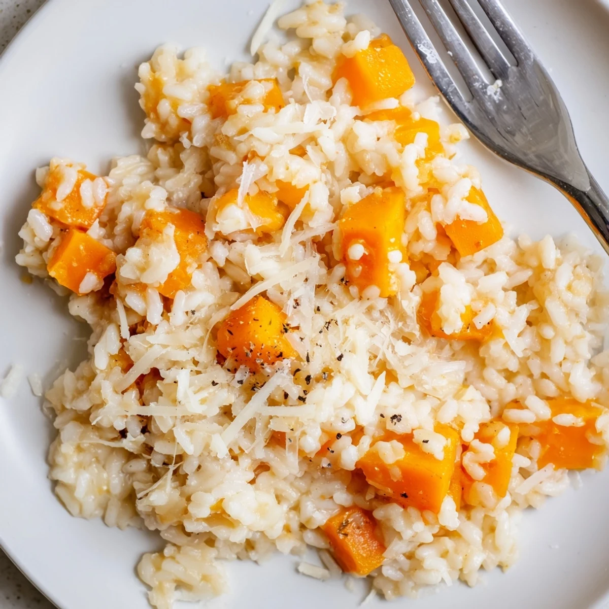 Winter Squash Risotto with Parmesan served creamy and steaming in a shallow white bowl, garnished with fresh thyme.