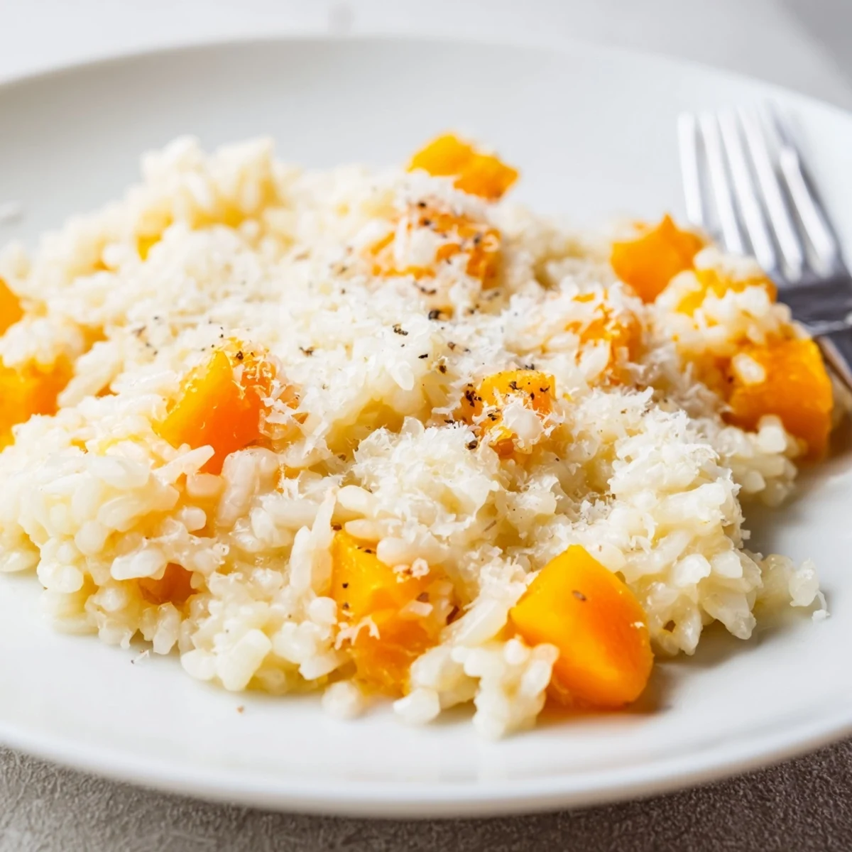 A bowl of Winter Squash Risotto with Parmesan, topped with fresh thyme, ready to enjoy on a rustic table.