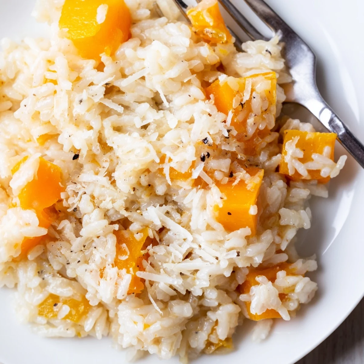 Warm Winter Squash Risotto with Parmesan, finished with a snowy sprinkle of cheese and vibrant green thyme leaves.