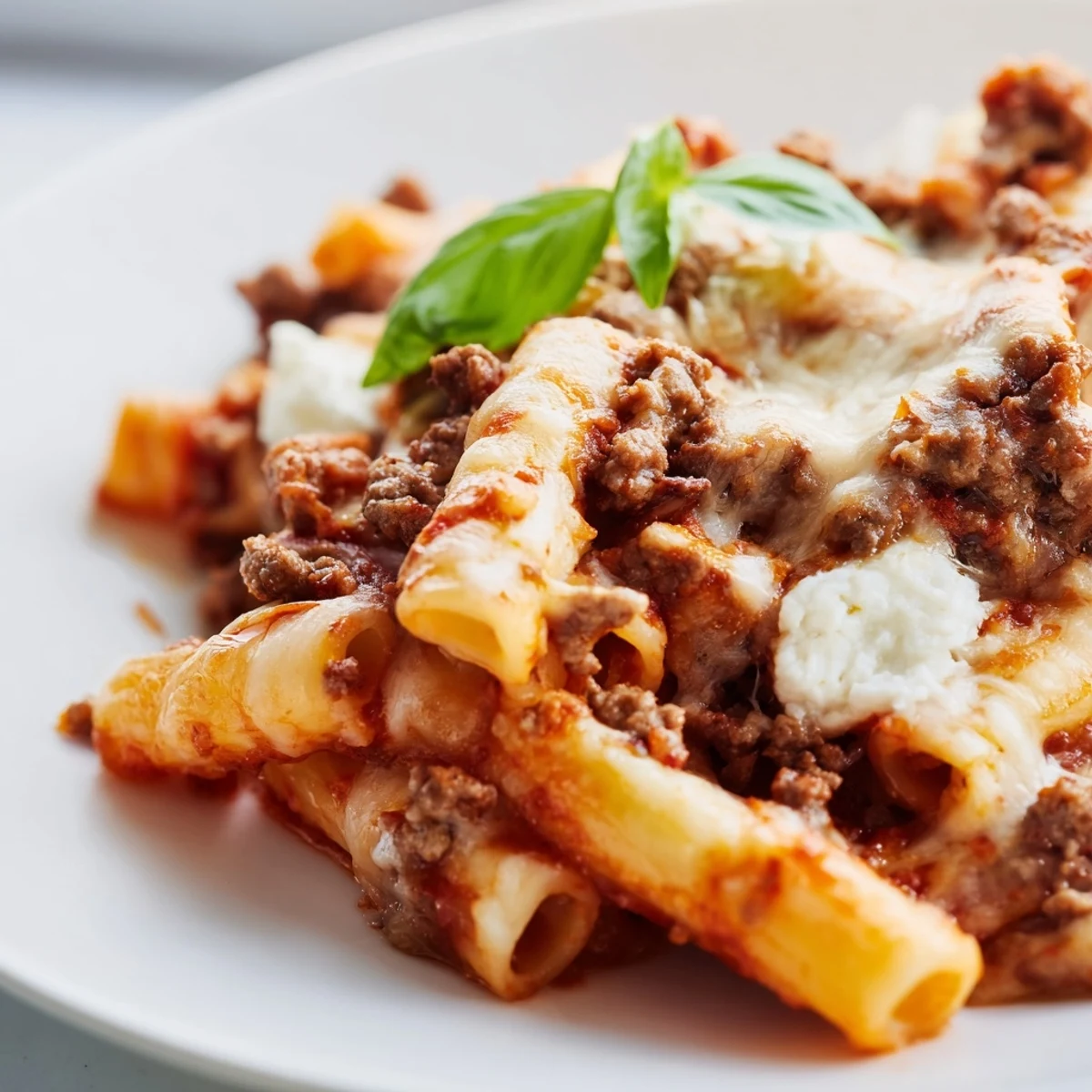 Golden baked ziti with ground beef and bubbling mozzarella cheese is served hot from the oven.