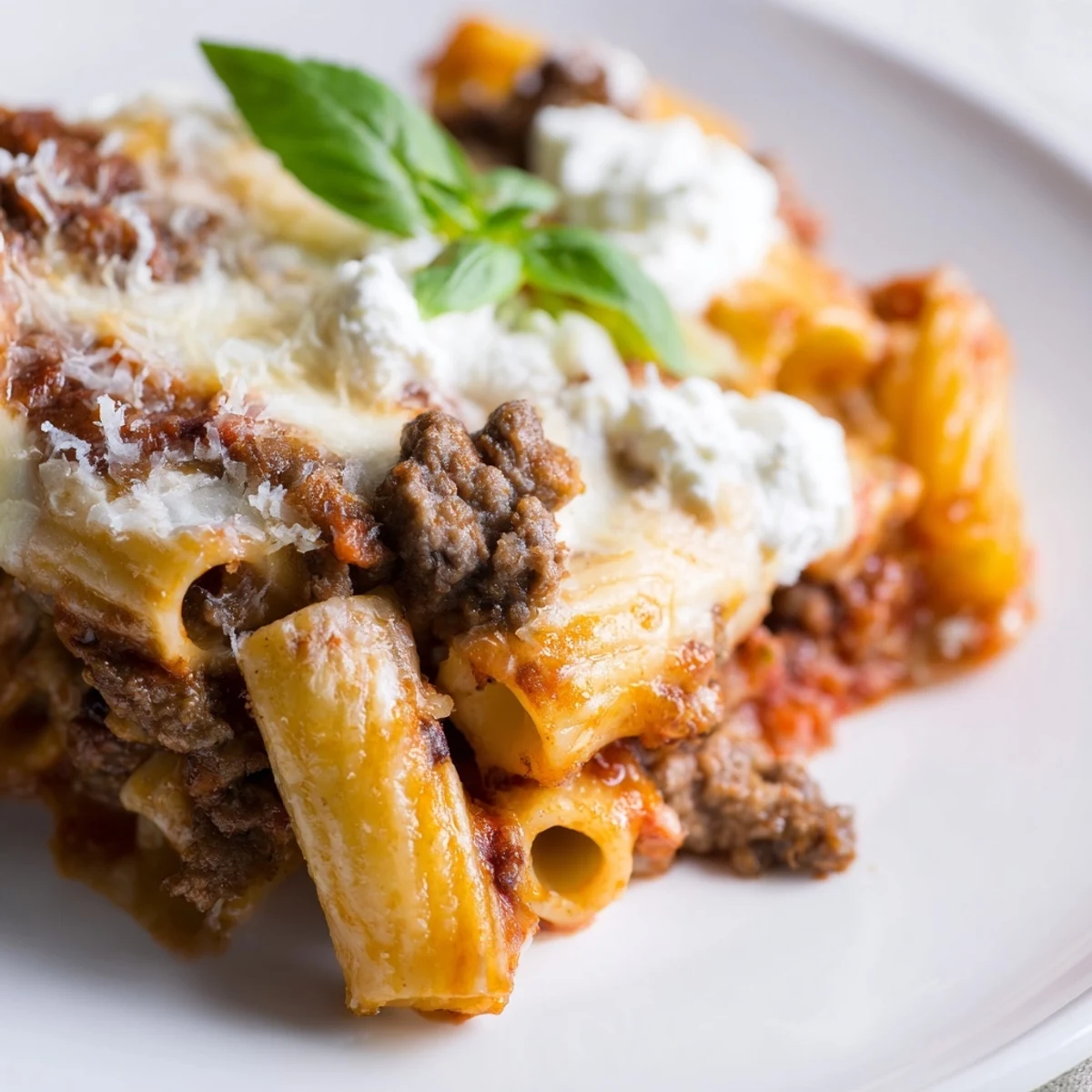 A hearty slice of Baked Ziti with Ground Beef and Mozzarella is ready to be served.
