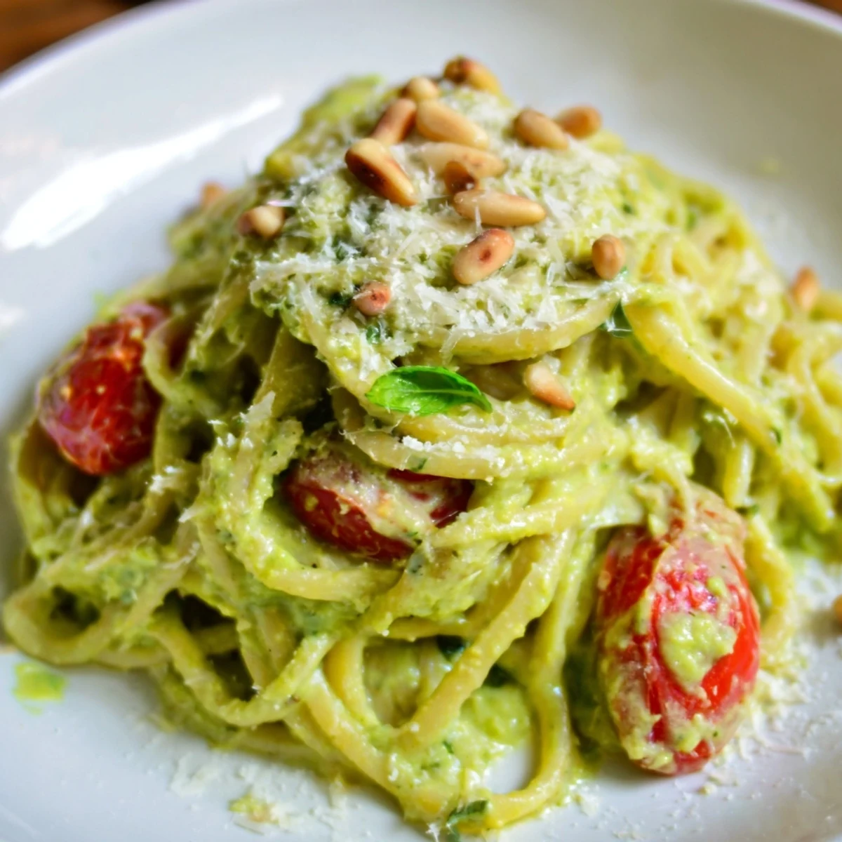 Creamy Avocado Lime Pasta with Cherry Tomatoes is served warm in a white bowl, garnished with fresh basil.