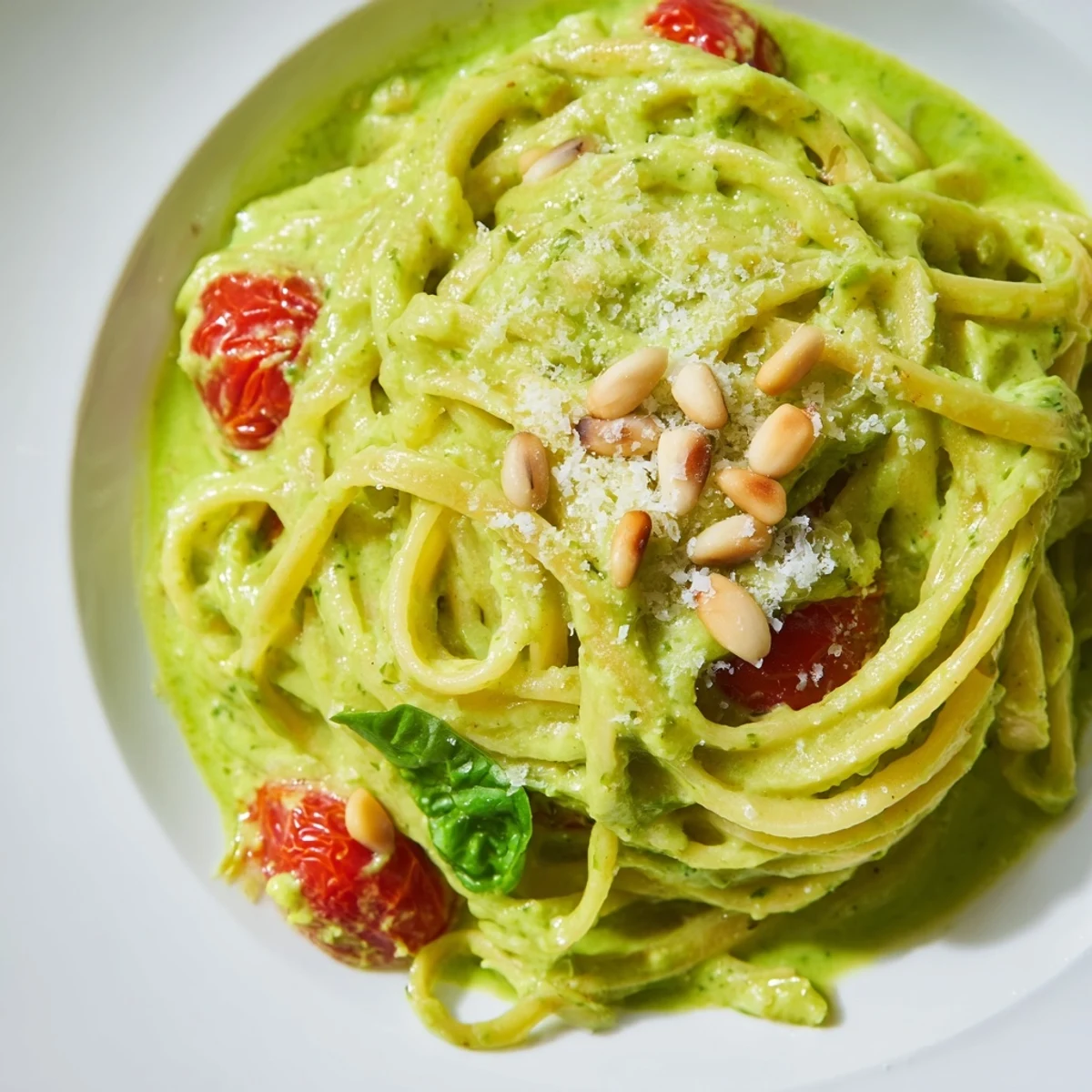A close-up view of Creamy Avocado Lime Pasta with Cherry Tomatoes topped with toasted pine nuts and extra Parmesan.