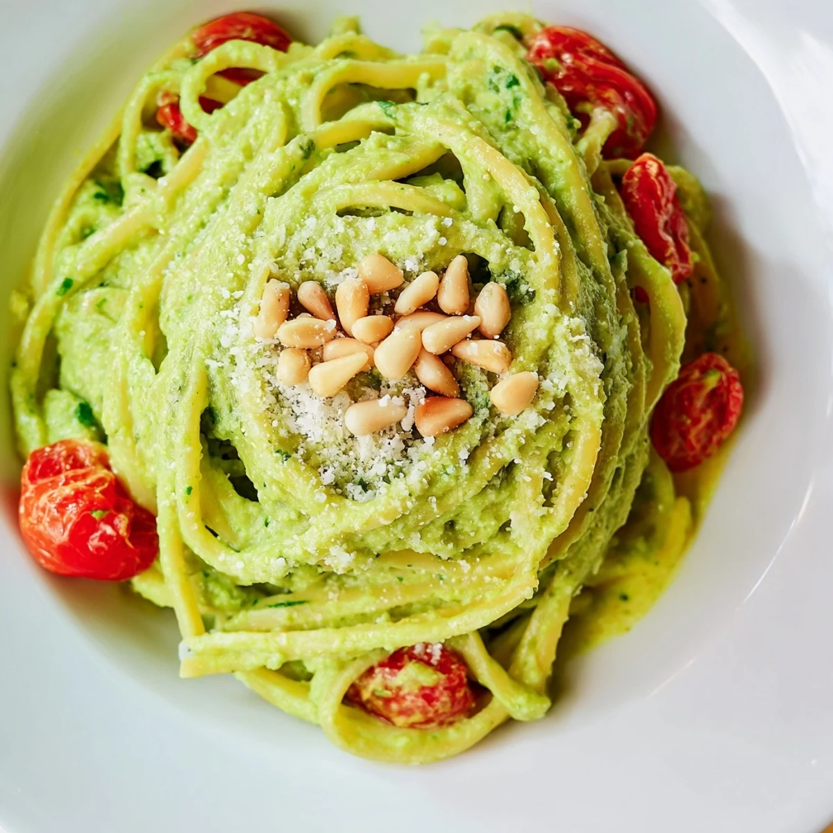 Freshly prepared Creamy Avocado Lime Pasta with Cherry Tomatoes on a rustic table, ready to be enjoyed.