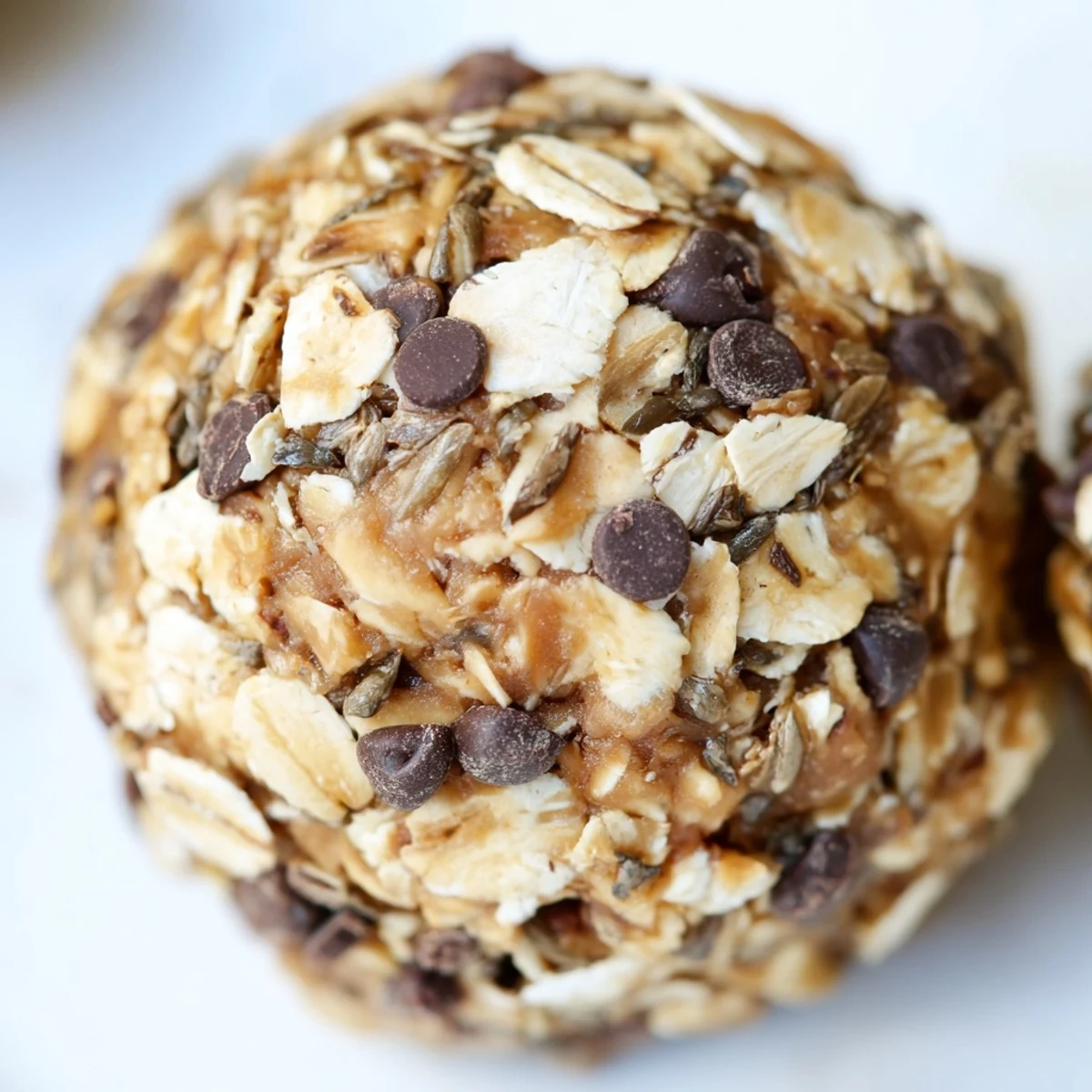 A close-up shows chewy Chocolate Peanut Butter Energy Balls studded with shredded coconut and chopped peanuts, ready for a healthy on-the-go snack.
