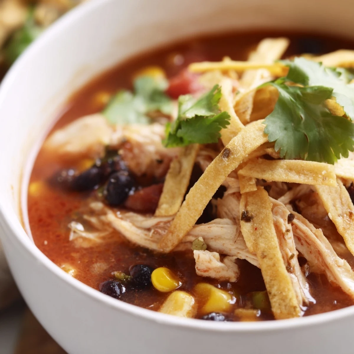 Steaming bowls of Chicken Tortilla Soup with Crispy Strips feature shredded chicken, black beans, and corn in a rich tomato broth.