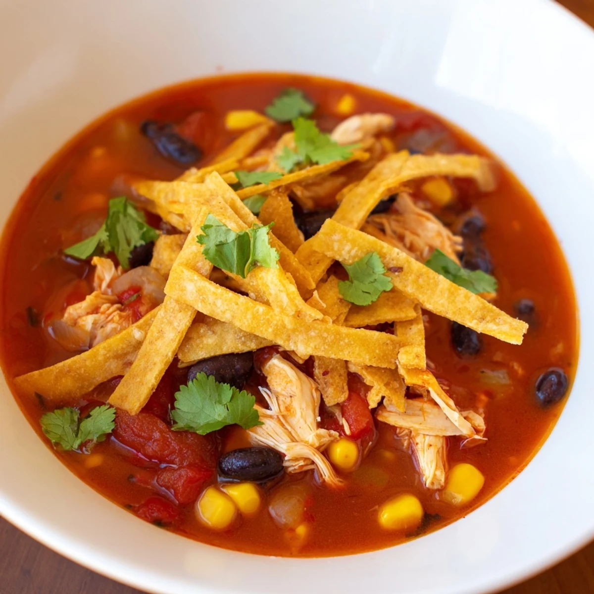 Golden crispy tortilla strips and fresh lime wedges garnish a warm bowl of hearty Chicken Tortilla Soup.