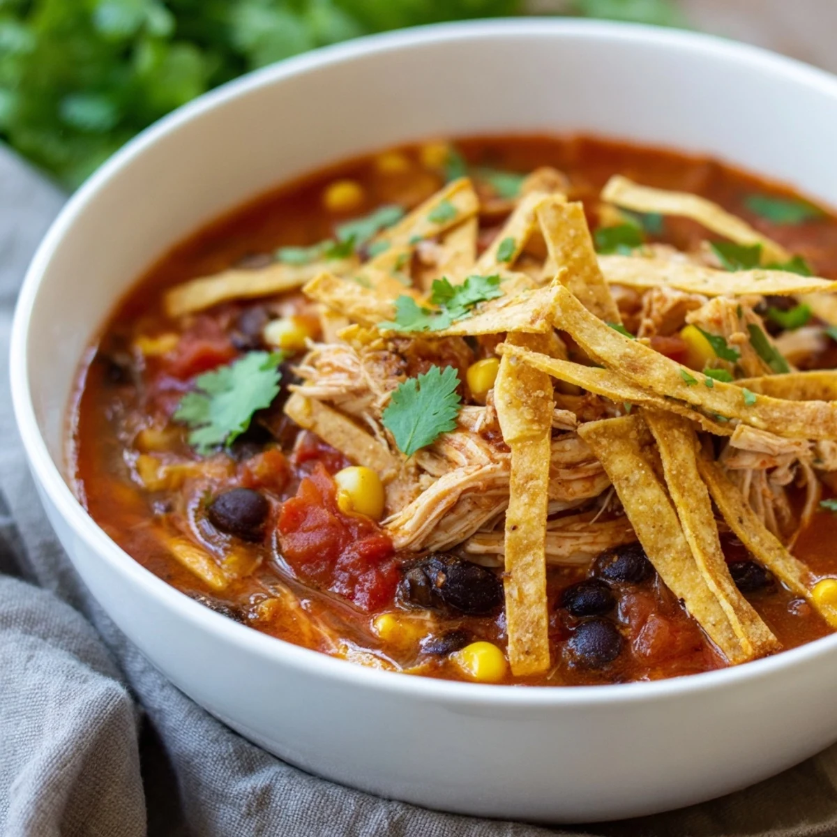 Served with avocado and cilantro, this Chicken Tortilla Soup with Crispy Strips looks colorful and delicious.