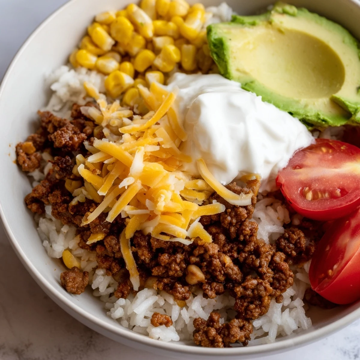 Four freshly assembled Beef Burrito Bowls with avocado slices, black beans, corn, tomatoes, melted cheese, and sour cream.