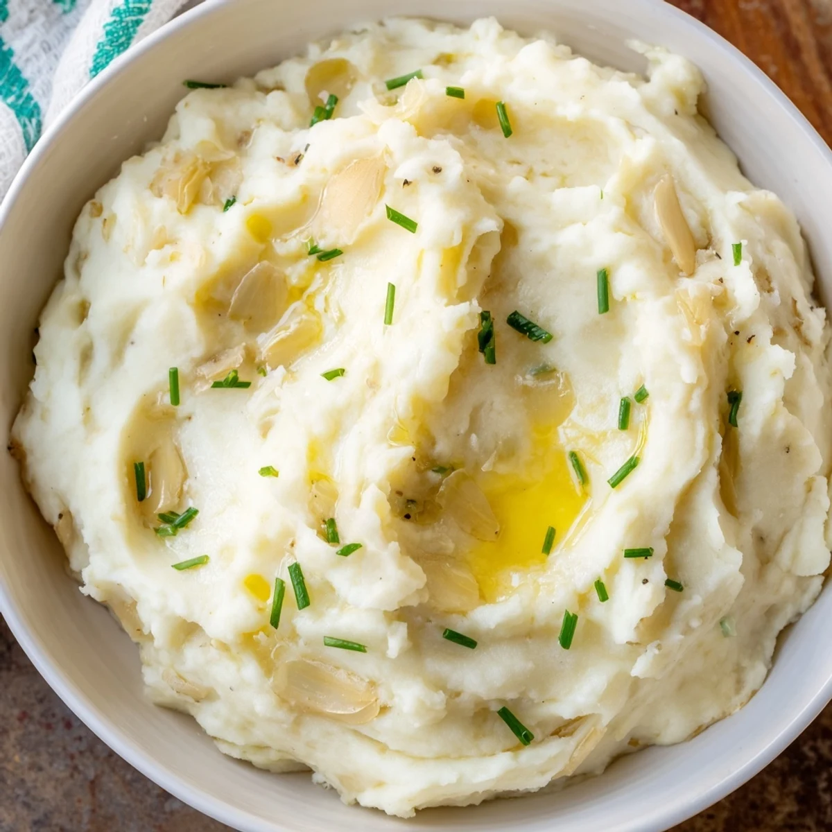 Creamy Roasted Garlic Mashed Potatoes in a white bowl, topped with fresh chives and melting butter, served alongside roast chicken.