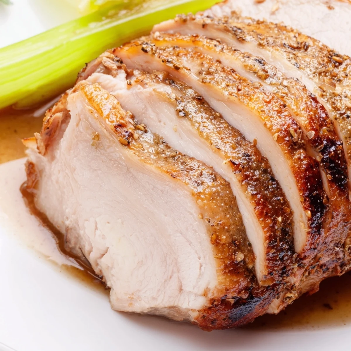 Sliced, juicy Turkey Pan Roast with glazed roasted vegetables and fresh thyme garnish on a platter.