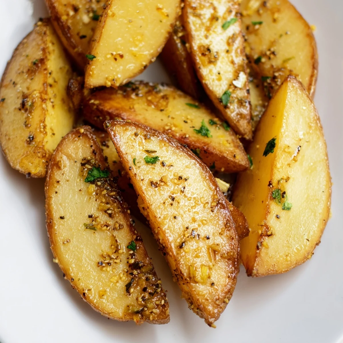 Crispy Lemon Potato Wedges served on a plate with a creamy white dip for dipping.
